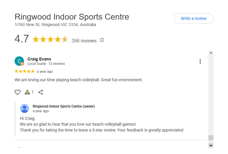 Google review for indoor beach volleyball at Ringwood Indoor Sports Centre