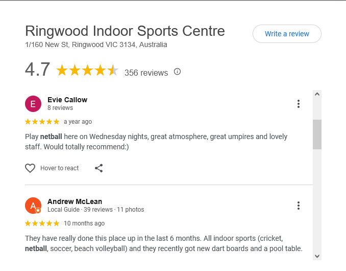Google review for netball at Ringwood Indoor Sports Centre