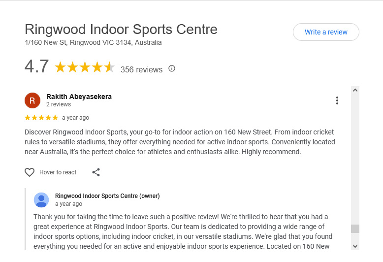 Google review for indoor cricket at Ringwood Indoor Sports Centre