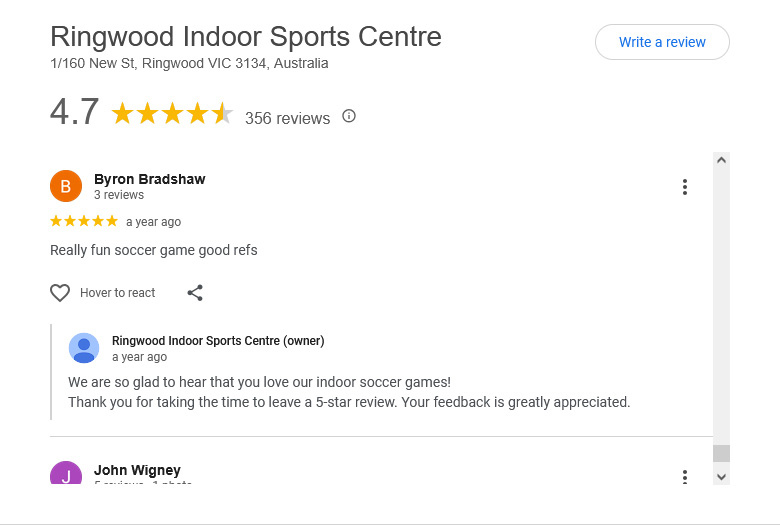 Google review for indoor soccer at Ringwood Indoor Sports Centre