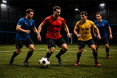 Adults playing indoor soccer on a turf court