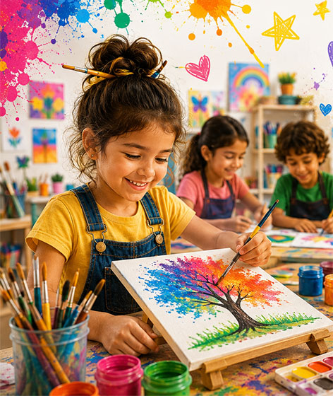 Children painting and drawing in an art class