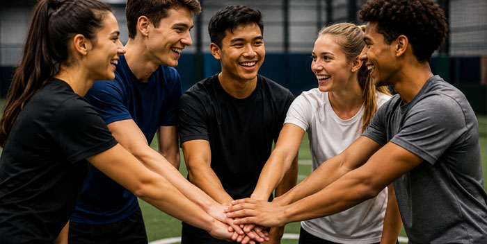 Group joining hands in a team huddle