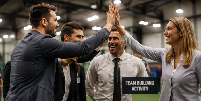 Group celebrating during a team building activity