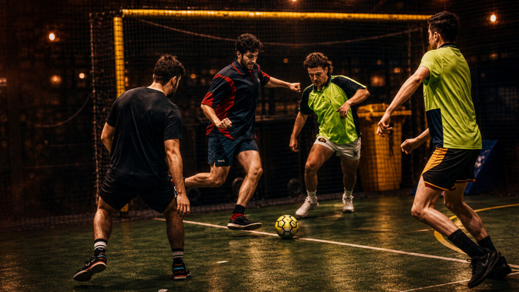 Soccer players competing on an indoor turf court