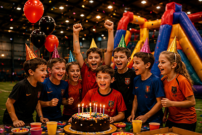 Children celebrating with birthday cake and balloons