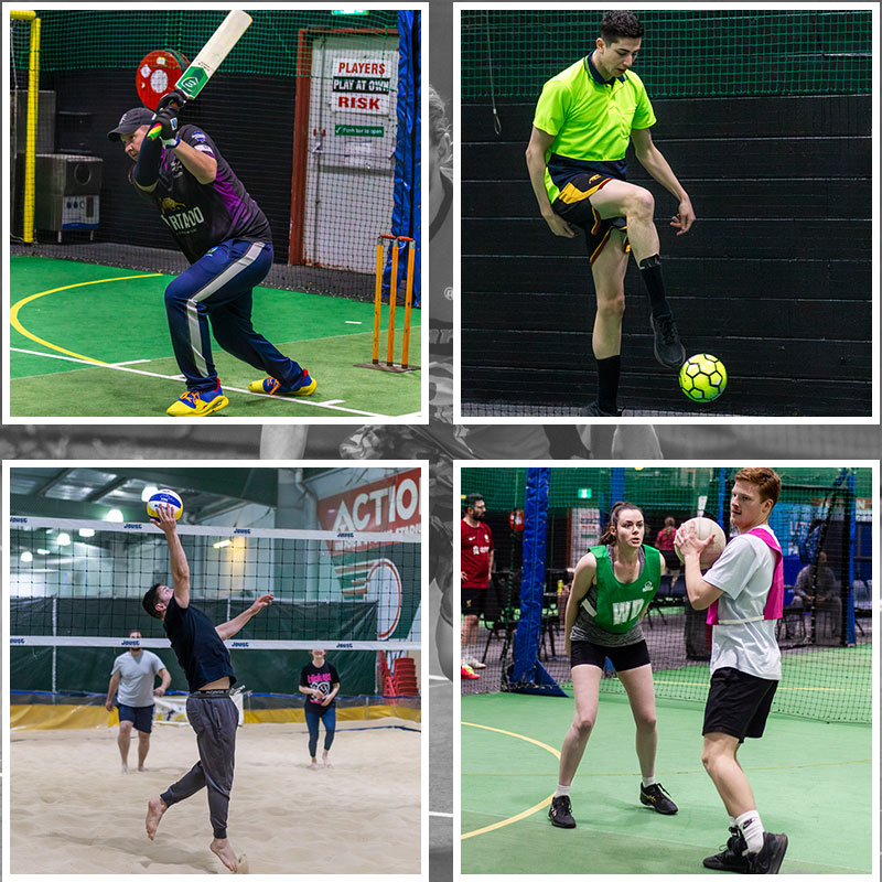 Collage of indoor cricket, soccer, netball and volleyball players