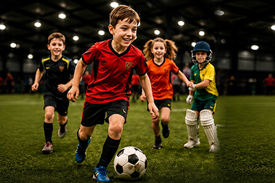 Children playing soccer on an indoor turf court