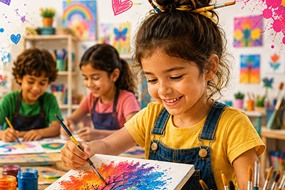 Children working on paintings in an art class