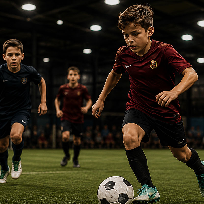 Soccer player dribbling a ball on an indoor turf court
