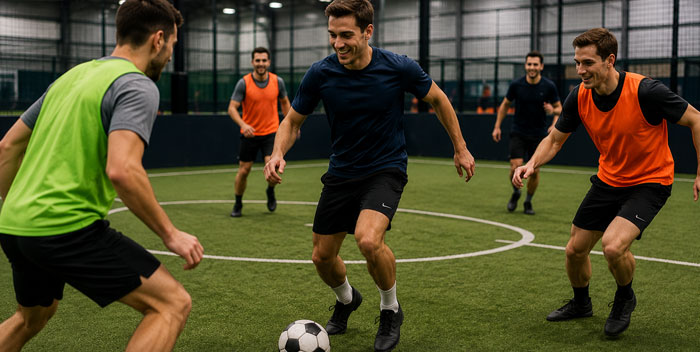 Soccer players on an indoor turf court