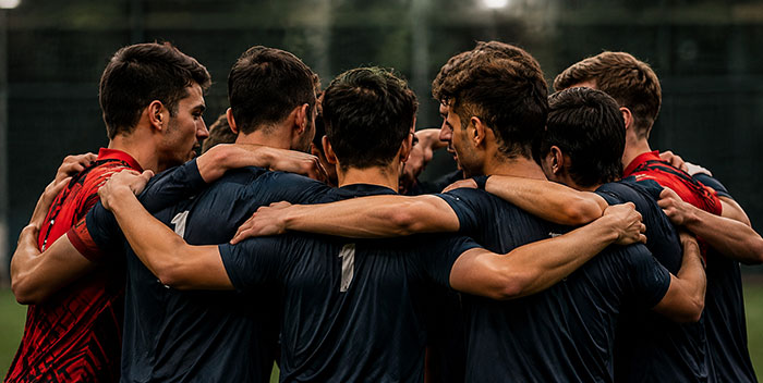 Players with arms around each other in a team huddle